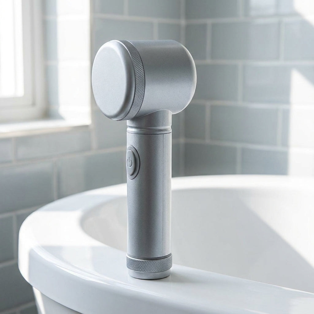 The Grimewell Power Scrubber resting on the edge of a white bathtub in a tiled bathroom