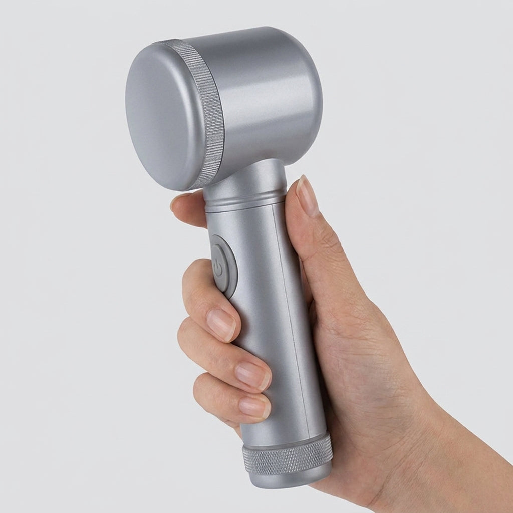 A hand holding the Grimewell Power Scrubber by its handle, showing the tool is about 19cm long