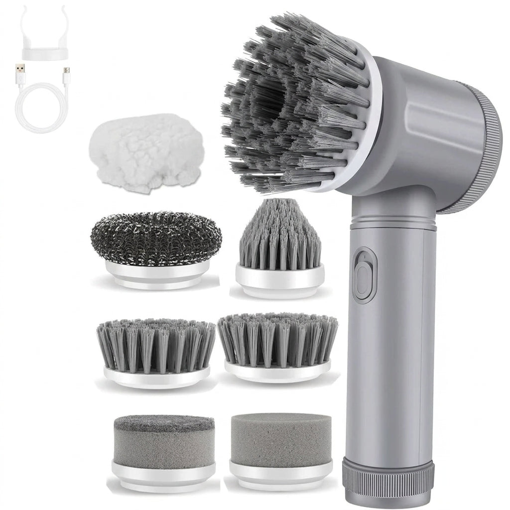 Everything in the Grimewell Power Scrubber kit: the handheld tool, eight interchangeable brush heads including stiff and flat bristle brushes, two scouring pads, a wire mesh head and a fleece cover, plus a wall holder and a charging cable