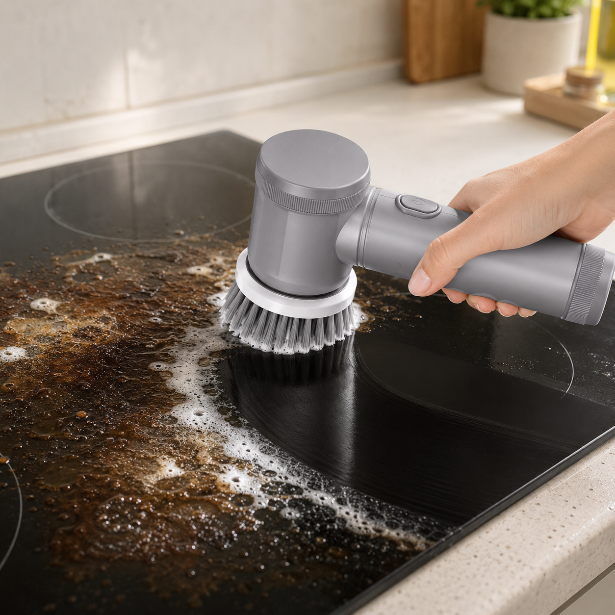 The Grimewell Power Scrubber cleaning a black induction hob, with burnt-on grease on one side and the surface already clean where the brush has passed