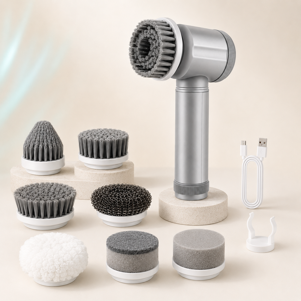 The complete Grimewell kit: the handheld scrubber with eight interchangeable heads including bristle brushes, a cone brush, a wire mesh scourer, a fleece cover and two scouring pads, plus a wall holder and USB charging cable