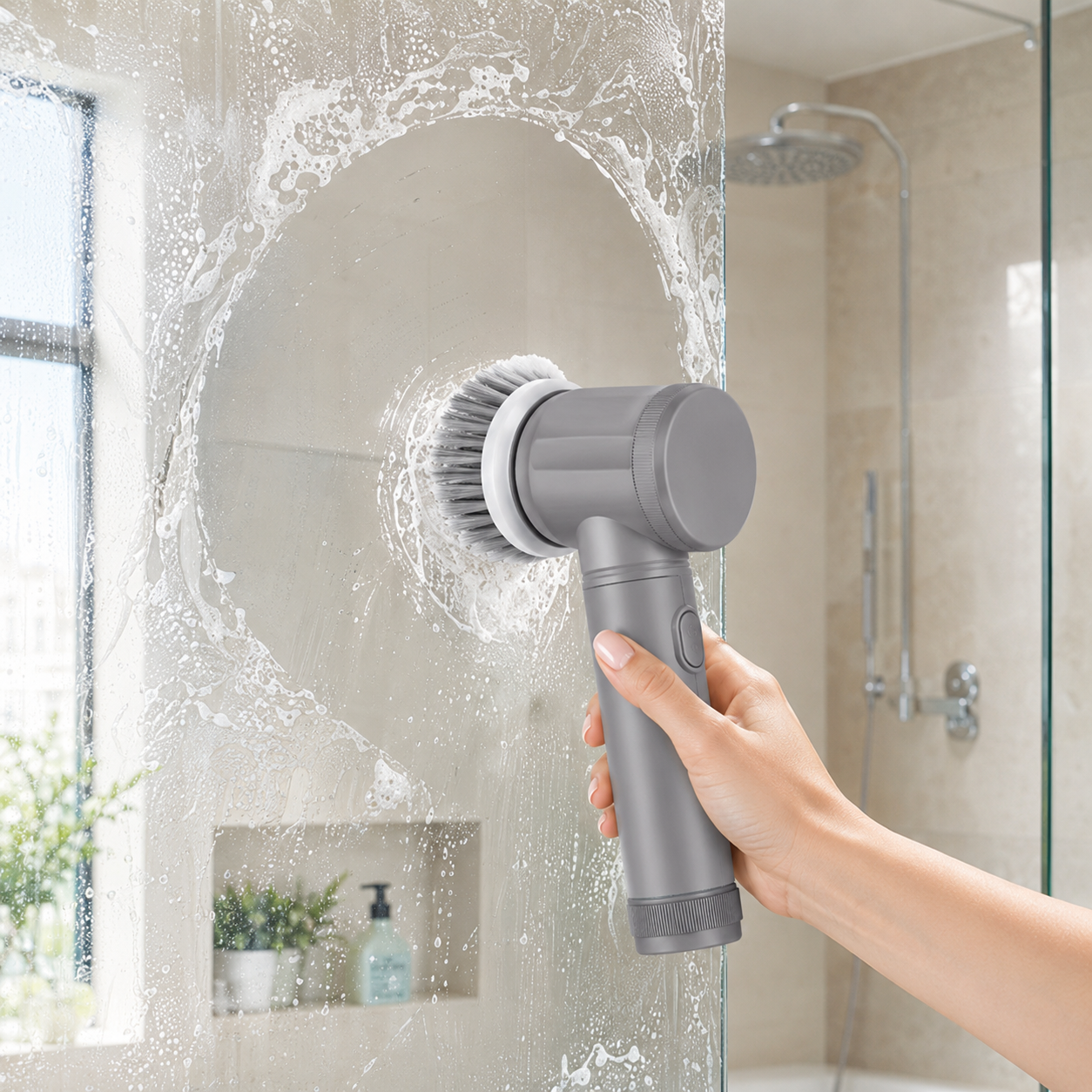A hand using the Grimewell Power Scrubber on a soapy glass shower screen, leaving a clear circle where it has cleaned